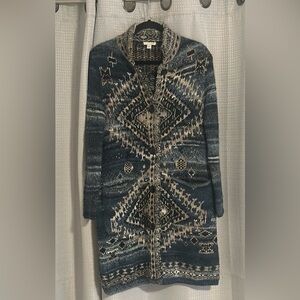 Women’s J.Jill Sweater Blue Aztec Long Cardigan Coat Duster Southwestern Size XS